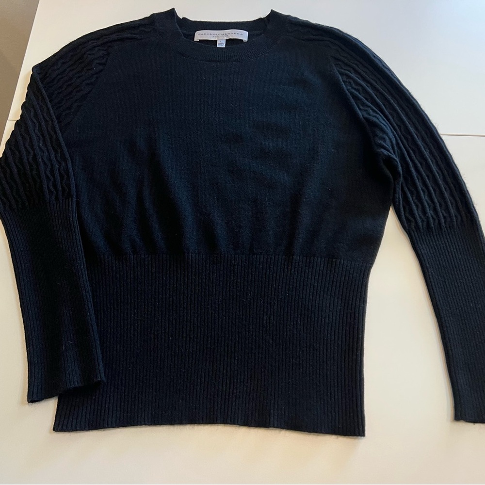 Carolina Herrera Black 100% Cashmere Sweater | Ribbed Waist Cable Knit Sleeves
